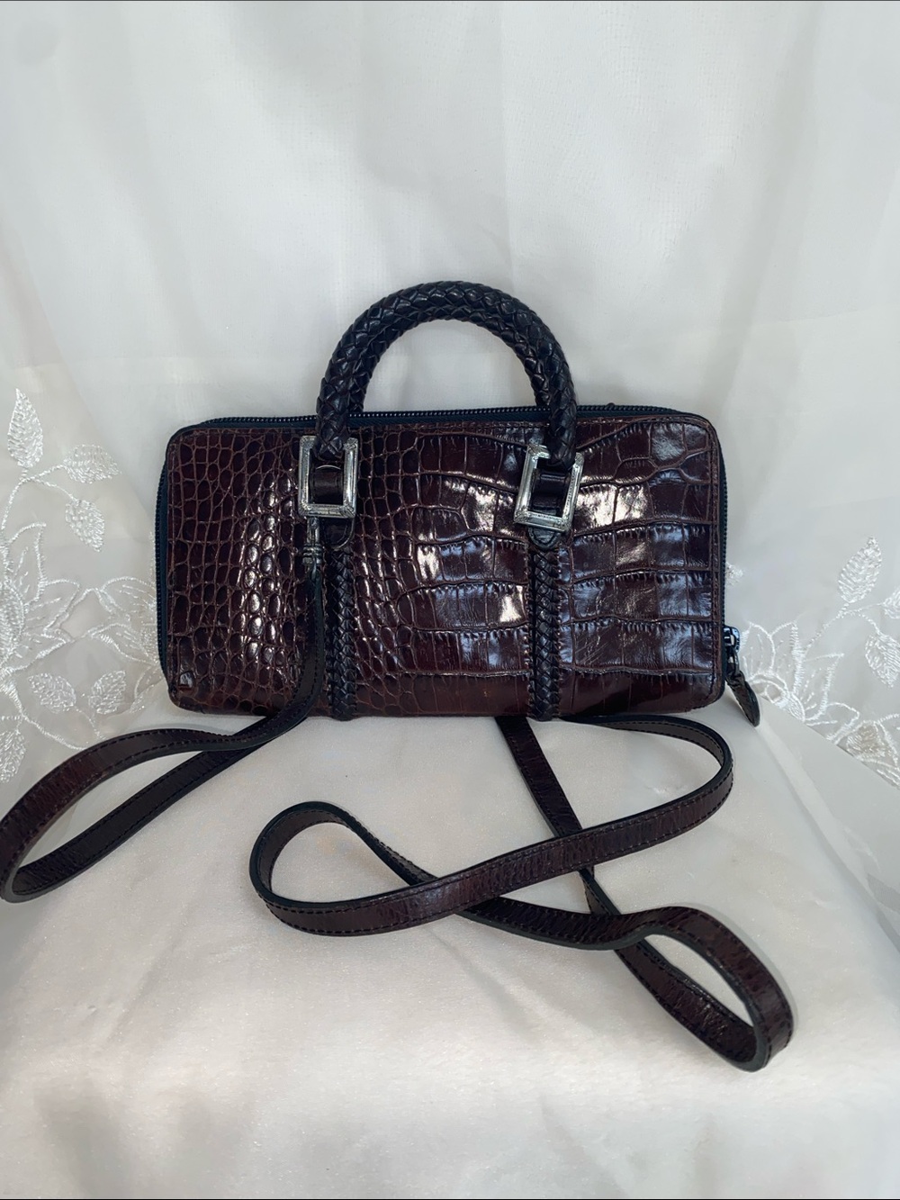 Brighton Croc-Embossed Brown leather Crossbody Organizer Clutch